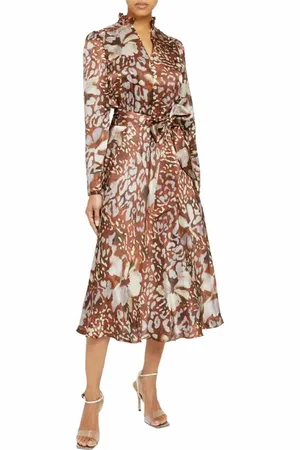 Santorelli IRINA Long Sleeve Ruffle-Neck Midi Dress in Abstract Floral Silk in at Nordstrom, Size 16