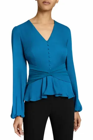 Santorelli RUBY Long Sleeve Blouse with Cinched Waist in Silk Georgette in at Nordstrom, Size 16