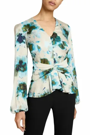 Santorelli RUBY Long Sleeve Blouse with Cinched Waist in Abstract Floral Print in at Nordstrom, Size 14