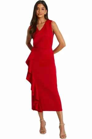 Quiz Scuba Crepe Wrap Frill Midi Dress in at Nordstrom, Size 10
