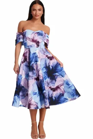 Quiz Scuba Knit Floral Print Bardot Midi Skater Dress in at Nordstrom, Size 12