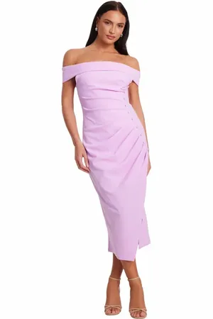 Quiz Scuba Crepe Bardot Midi Dress With Button Detail in at Nordstrom, Size 4