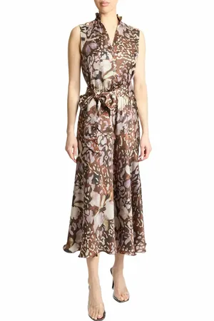 Santorelli NIRVA Sleeveless Ruffle-Neck Midi Dress in Abstract Floral Silk in at Nordstrom, Size 12