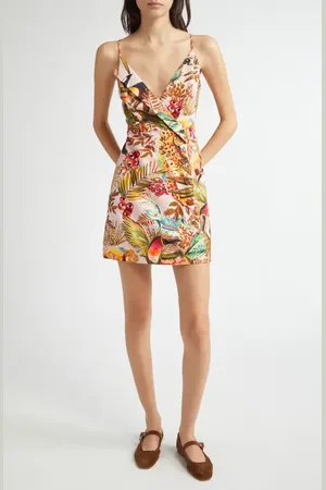 Farm Rio Into the Jungle Print Linen Blend Wrap Minidress in at Nordstrom, Size Xx-Small