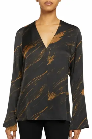 Santorelli ZURI Silk Long Sleeve V-Neck Blouse in Abstract Crepe in at Nordstrom, Size 10