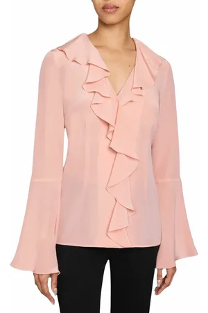 Santorelli SYDNEY Long Sleeve Button Down Blouse with Ruffles in Silk Crepe de Chine in at Nordstrom, Size 6