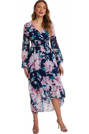 Quiz Floral Chiffon Glitter Long Sleeve Maxi Dress in at Nordstrom, Size 12