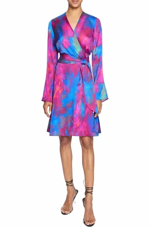 Santorelli KAYDEN Long Sleeve Faux Wrap Fit and Flare Dress in Printed Charmeuse in at Nordstrom, Size 12