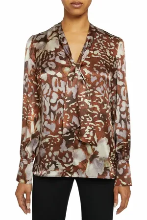 Santorelli FRANCIS Blouse with Neck Tie in Abstract Floral Printed Silk Blend in at Nordstrom, Size 4