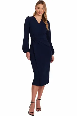 Quiz Scuba Crepe Long Sleeve Wrap Midi Dress in at Nordstrom, Size 12