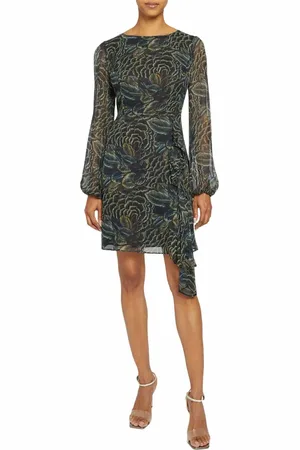Santorelli MALIA Long Sleeve Dress with Side Ruffle Panel in Abstract Floral Print in at Nordstrom, Size 12