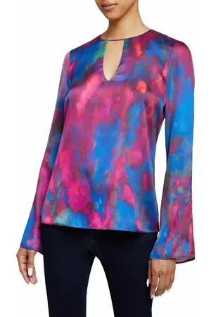 Santorelli NOA Long Sleeve Keyhole Blouse in Abstract Printed Charmeuse in at Nordstrom, Size 12