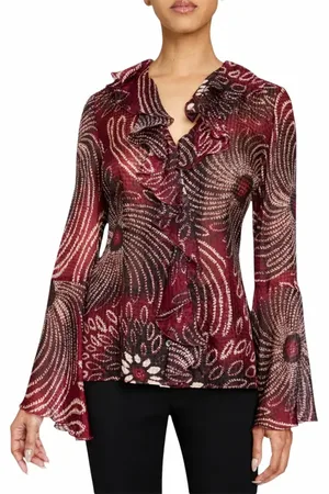 Santorelli SYDNEY Long Sleeve Button Down Blouse with Ruffles in Silk Modern Gingham Floral Print in at Nordstrom, Size 2