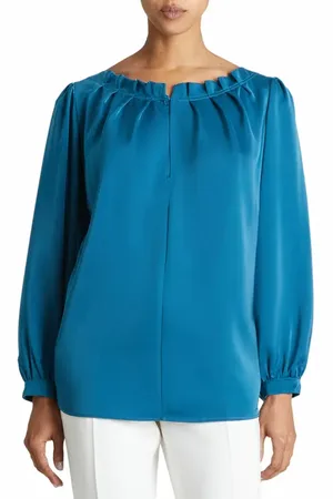 Santorelli BOHME Long Sleeve Blue Satin Blouse at Nordstrom, Size 6L