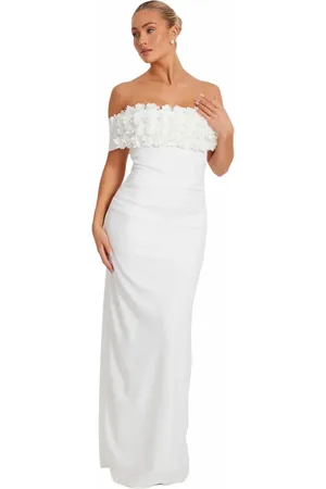 Quiz Scuba Crepe Bardot Maxi With 3D Floral Trim in at Nordstrom, Size 12