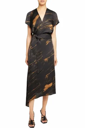 Santorelli HALEY Silk Asymmetric Faux Wrap Midi Dress in Abstract Crepe in at Nordstrom, Size 12
