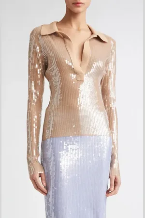 MONSE Long Sleeve Sequin Mesh Polo in at Nordstrom, Size X-Small