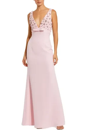 Mac Duggal Crepe Sleeveless Beaded V Neck Gown With Bow in at Nordstrom, Size 8