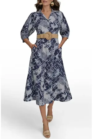 Donna Karan Print Belted Long Sleeve Linen Blend Maxi Shirtdress in at Nordstrom, Size 2