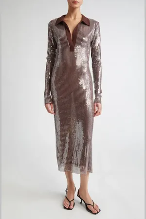 MONSE Long Sleeve Sequin Mesh Midi Polo Dress in at Nordstrom, Size Medium
