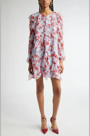 Carolina Herrera Floral Print Long Sleeve Tiered Ruffle Silk Chiffon Minidress in at Nordstrom, Size 2