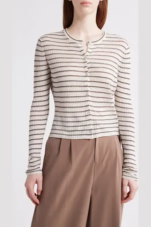 THEORY Stripe Crop Linen Blend Cardigan in at Nordstrom, Size Small