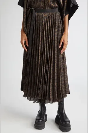 SACAI Pleated Leopard Print Satin Midi Skirt in at Nordstrom, Size 4