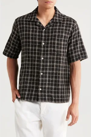 Corridor Wavy Plaid Short Sleeve Cotton & Linen Camp Shirt in at Nordstrom, Size Small