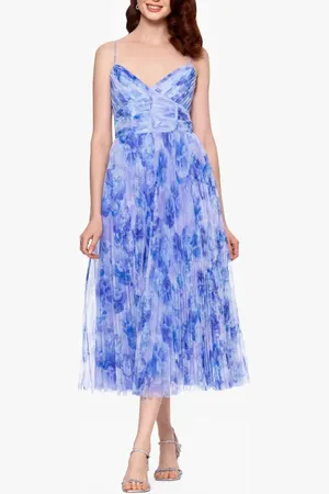 Betsy & Adam Floral Print Corset Bodice Pleated Tulle Midi Cocktail Dress in at Nordstrom, Size 12