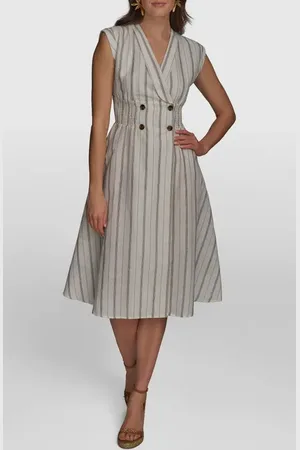 Donna Karan Stripe Linen & Cotton Flare Dress in at Nordstrom, Size 10