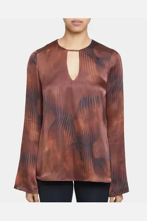 Santorelli NOA Long Sleeve Keyhole Silk Blouse in Abstract Printed Silk Blend in at Nordstrom, Size 40Long