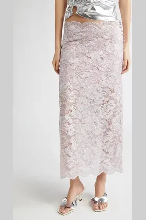 Paco rabanne Metallic Stretch Lace Midi Skirt in Powder Pink /Silver at Nordstrom, Size 4 Us