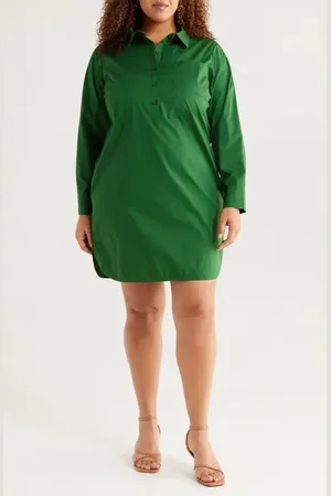UNIVERSAL STANDARD Rubicon Long Sleeve Stretch Cotton Poplin Shirtdress in at Nordstrom, Size 2Xl
