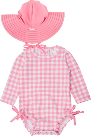RuffleButts Bubblegum Gingham Long Sleeve One-Piece Rashguard Swimsuit & Hat Set in at Nordstrom, Size 6-12M
