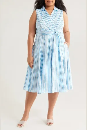Tahari ASL Stripe Sleeveless Cotton Midi Dress in at Nordstrom, Size 14W