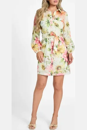 Guess Faith Floral Print Tie Waist Shirtdress in at Nordstrom, Size Medium