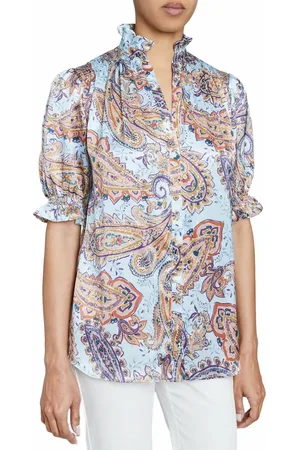 Santorelli ELISA Ruffle Neck Short Sleeve Blouse in Printed Silk Charmeuse in at Nordstrom, Size 8