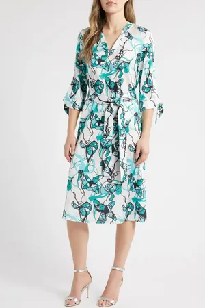 Ming Wang Abstract Print Tie Waist A-Line Midi Dress in at Nordstrom, Size Large