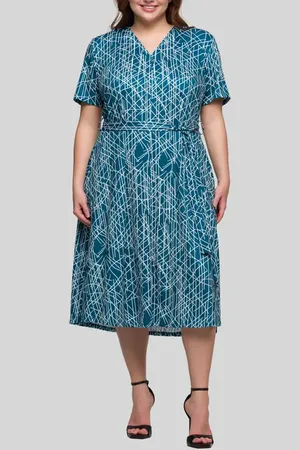 24Seven Comfort Apparel Abstract Print Tie Waist Knit Midi Dress in at Nordstrom, Size 2X