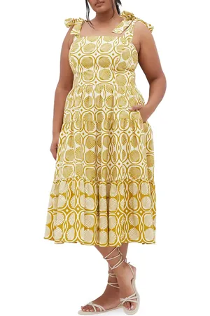 City Chic Leila Border Print Cotton Midi Sundress in at Nordstrom, Size Xxl