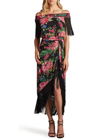 Tadashi Shoji Floral Off the Shoulder Fringe Detail Midi Dress in at Nordstrom, Size 14