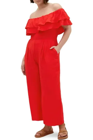 City Chic Poppy Ruffle Off the Shoulder Jumpsuit in at Nordstrom