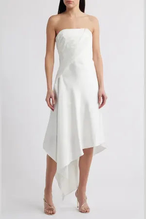 Amsale Asymmetric Strapless Satin Midi Dress in at Nordstrom, Size 16
