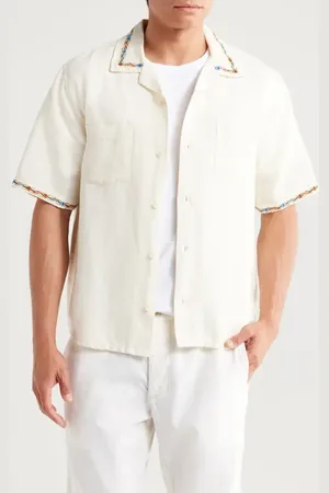 Corridor Rose Chain Embroidered Linen & Cotton Camp Shirt in at Nordstrom, Size Small