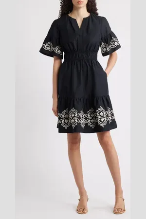 Vince Camuto Embroidered Smocked Waist Dress in at Nordstrom, Size 2