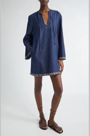 ZIMMERMANN Rhiannon Long Sleeve Fringe Trim Denim Minidress in at Nordstrom, Size 1