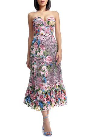 Dress The Population Carina Floral Embroidered Cocktail Midi Dress in at Nordstrom, Size Xx-Small