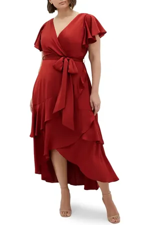 City Chic Jen Ruffle Faux Wrap Satin Dress in at Nordstrom