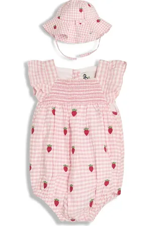 JoJo Maman Bébé Gingham Check Strawberry Embroidered Romper & Sun Hat Set in at Nordstrom, Size 18-24M