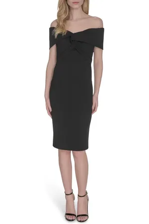 Vince Camuto Off the Shoulder Scuba Crepe Cocktail Midi Dress in at Nordstrom, Size 10